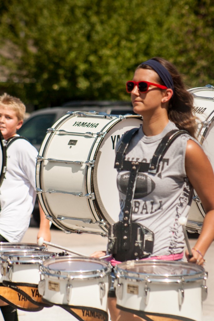 Bass drum and the quads marching during the parade