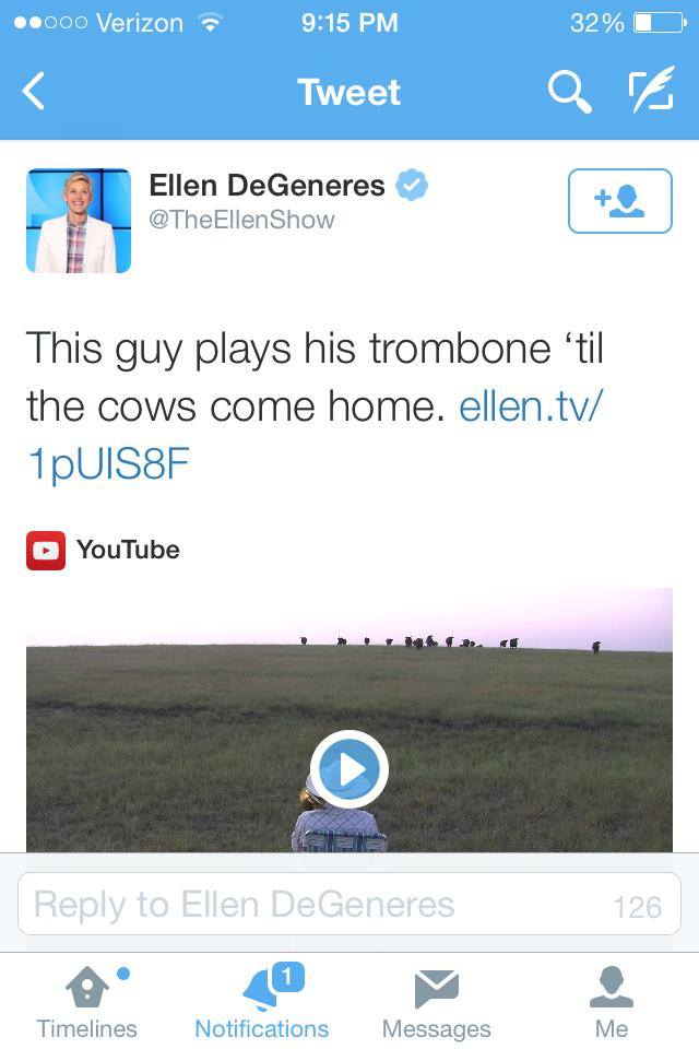 Ellen tweets Cow love Royals by Lorde