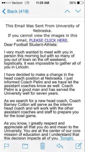 Nebraska Football Players informed Coach Pelini fired in an email