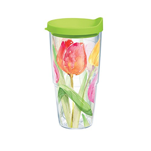 Tervis Tea for Tulips Wrap Bottle with Lime Green Lid, 24-Ounce, Garden Party