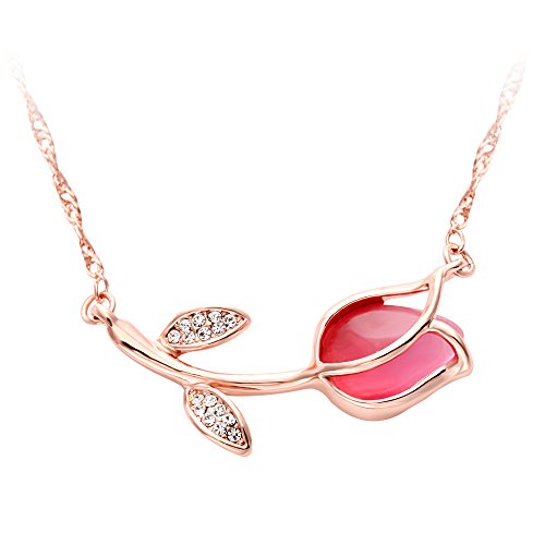 SENFAI Red Tulip Flower with Cat Eyes Opal Stone Crystal Pendant Necklace Woman Summer Flower Rose Gold Chain Necklaces