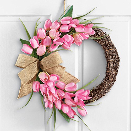 Pink Tulip Wreath Door Decor With Burlap Bow