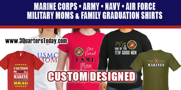 I Custom graphic design products for the military and Marine Corps. This includes shirts, apprrel and gifts from 3 Quarters Images