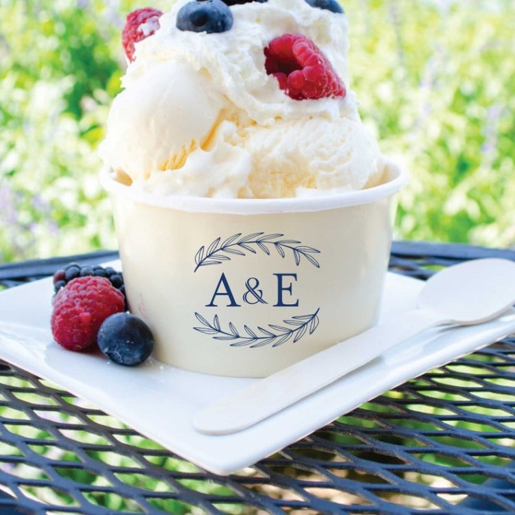An ice cream sundae bar is a perfect addition to a graduation party or a wedding reception. Order custom printed ice cream cups for your special occasion. 