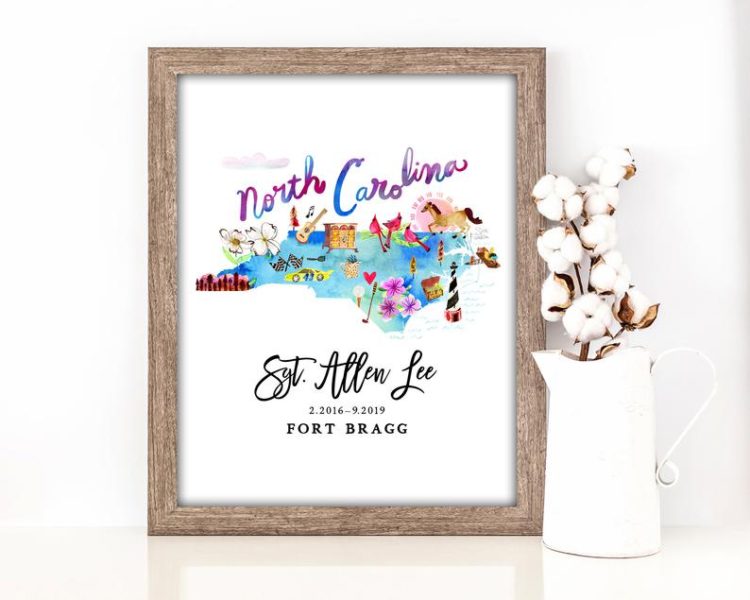 Sara Franklin Design creates watercolor has created a line of  "Map Your Military Journey" prints. These are personalized to include your name, your dates of service, your base name, and a heart marking your base on the map. 

The Fort Bragg North Carolina Army base holds a place in my heart as it is where my father did his 82nd Airborne training
