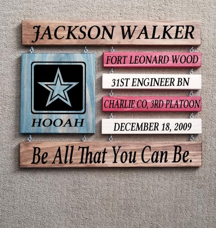 The best Army graduation gift ideas are personalized with not only a name but the date of boot camp graduation. This wooden wall hanging is personalized with the name, date, and can be customized with any of the Army basic training locations. 