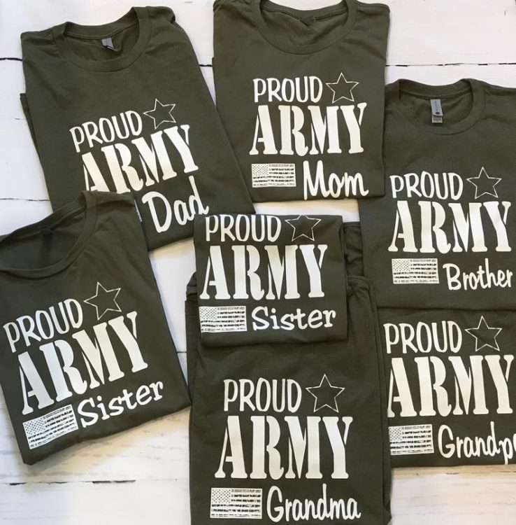 There isn't a better sight to a new soldier than greeting his family at Basic Training Graduation than seeing his whole family dressed Army family tee shirts.